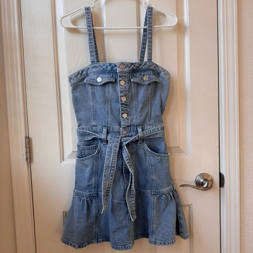 7 for all Mankind Surplus Flounce Denim Mini Dress with Adjustable Straps XS - Picture 5 of 10